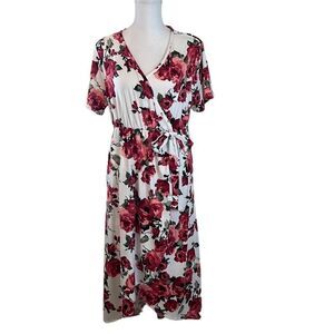 Duetime szXL white w/pink flowers faux wrap elastic waist SS maternity dress GUC